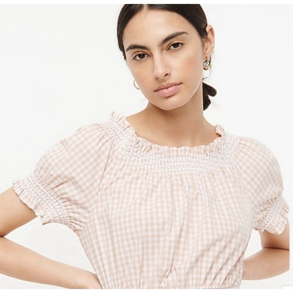 J.Crew Smocked 100% Cotton Puff-Sleeve Lined Poplin Dress Tan White Gingham Sz M - Picture 2 of 16